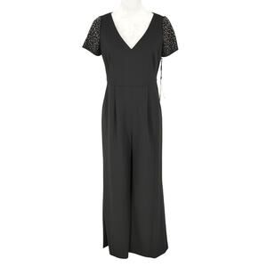 Calvin Klein Jumpsuit Womens 6 Black Rhinestone Sleeves Lined Wide Leg New